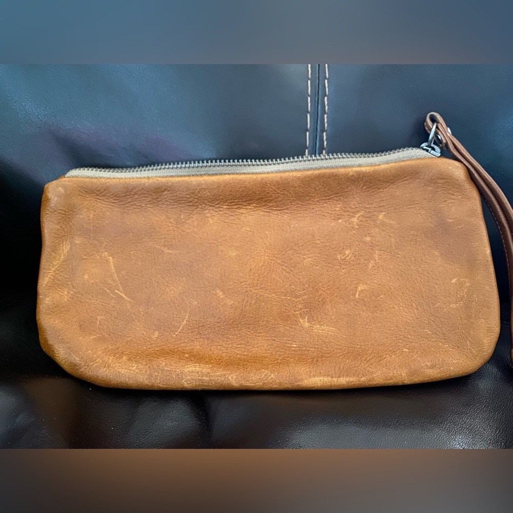 Brown Leather Wristlet Clutch